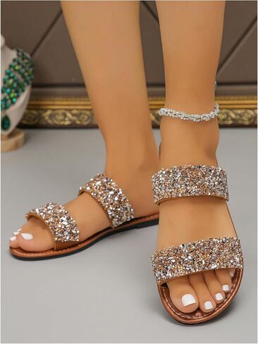 Verdusa Women's Glitter Rhinestone Flat Sandals Open Toe Double Strap Summer Slip on Slides in Saudi Arabia