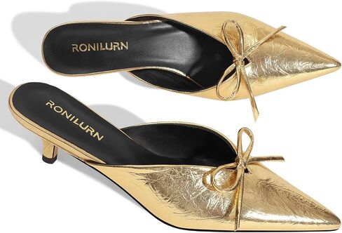 Kitten Heels for Women Heeled Mules Stiletto Pumps Bow Closed Toe Pointed Toe Low Heel Slip on Fashion Metallic Backless Prom Party Dressy in Kuwait