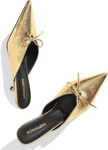 Kitten Heels for Women Heeled Mules Stiletto Pumps Bow Closed Toe Pointed Toe Low Heel Slip on Fashion Metallic Backless Prom Party Dressy in Kuwait