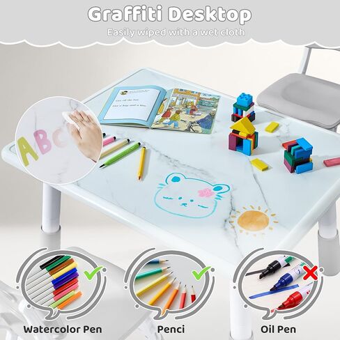 Toddler Table and 2 Chairs Set, Height Adjustable Kids Table and Chairs, 31.5''L x 23.6''W, Marble Pattern & Graffiti Desktop, Children Multi-Activity Table for Home/Daycare/Classroom in Kuwait