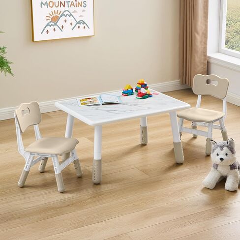 Toddler Table and 2 Chairs Set, Height Adjustable Kids Table and Chairs, 31.5''L x 23.6''W, Marble Pattern & Graffiti Desktop, Children Multi-Activity Table for Home/Daycare/Classroom in Kuwait