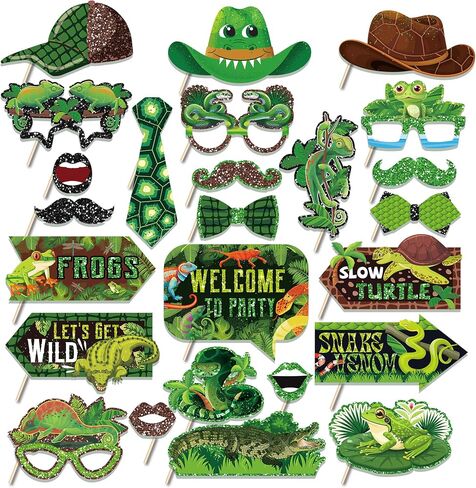 25PCS Frog & Reptile Photo Booth Props Set – Jungle Themed Selfie Props with Sticks for Reptile Birthday Parties, Lizard Themed Events & Wild Safari Decorations in Saudi Arabia