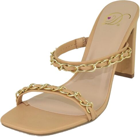 Delicious Shoes Women Block High Heel Sandals Gold Chain Band Square Toe Fenn-S in Saudi Arabia