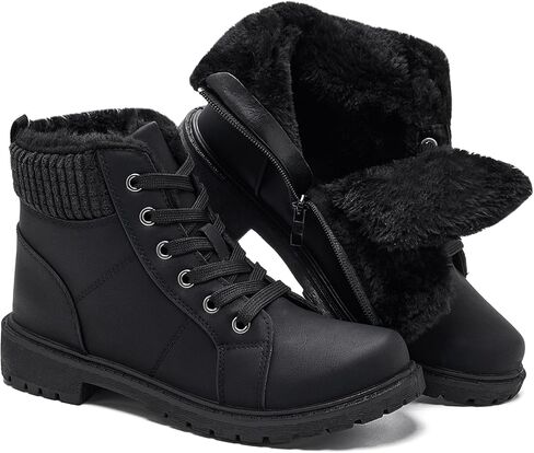 Uoidru Combat Boots For Women Ankle Booties Black Winter Snow Boots White Lace Up Boots Comfort Fuzzy Boot Side Zipper Short Boots in Kuwait