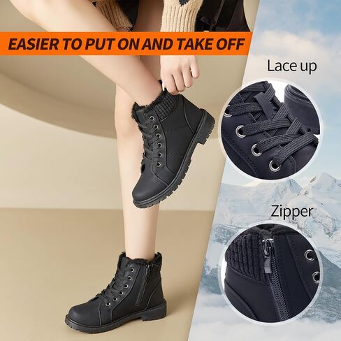 Uoidru Combat Boots For Women Ankle Booties Black Winter Snow Boots White Lace Up Boots Comfort Fuzzy Boot Side Zipper Short Boots in Kuwait