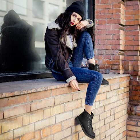Uoidru Combat Boots For Women Ankle Booties Black Winter Snow Boots White Lace Up Boots Comfort Fuzzy Boot Side Zipper Short Boots in Kuwait