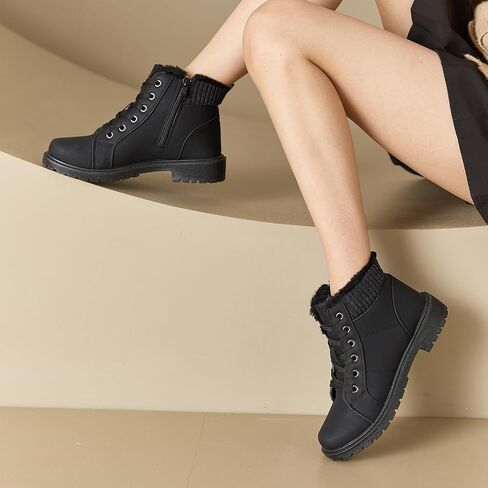 Uoidru Combat Boots For Women Ankle Booties Black Winter Snow Boots White Lace Up Boots Comfort Fuzzy Boot Side Zipper Short Boots in Kuwait