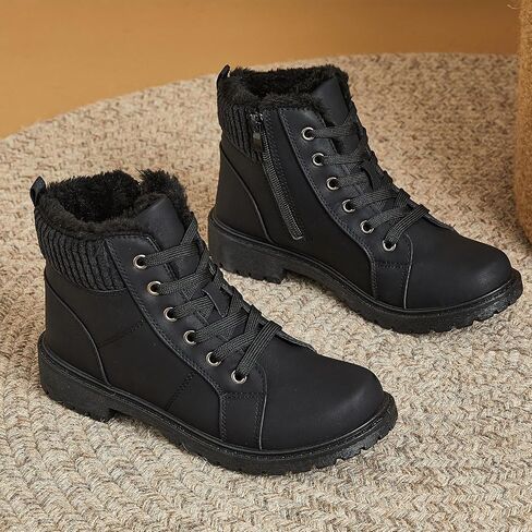 Uoidru Combat Boots For Women Ankle Booties Black Winter Snow Boots White Lace Up Boots Comfort Fuzzy Boot Side Zipper Short Boots in Kuwait