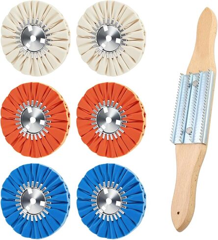 Airway Buffing Wheel Kit 7 PCs kit (2 pcs White & 2 pcs Orange & 2 pcs Blue & 1 Buffing rake) 8" in Diameter 5/8" in Arbor Hole 16 Ply for Angle Grinder 7 Pcs in Kuwait