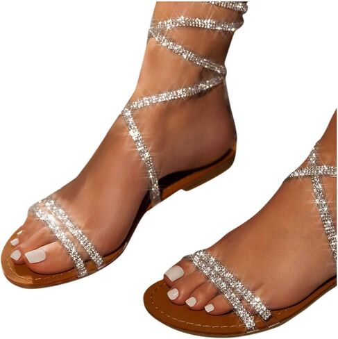 Womens Sandals, Women's Rhinestone Strappy Sandals Fashion Flat Sandals Summer Dressy Peep Toe Sandals Cute Comfortable Dress Sandals in Kuwait