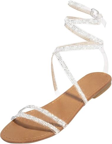 Womens Sandals, Women's Rhinestone Strappy Sandals Fashion Flat Sandals Summer Dressy Peep Toe Sandals Cute Comfortable Dress Sandals in Kuwait