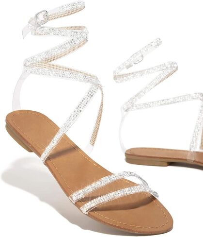 Womens Sandals, Women's Rhinestone Strappy Sandals Fashion Flat Sandals Summer Dressy Peep Toe Sandals Cute Comfortable Dress Sandals in Kuwait