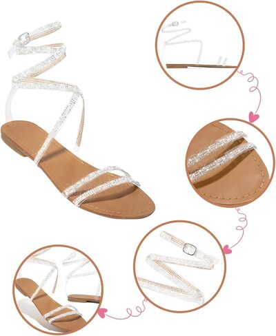 Womens Sandals, Women's Rhinestone Strappy Sandals Fashion Flat Sandals Summer Dressy Peep Toe Sandals Cute Comfortable Dress Sandals in Kuwait