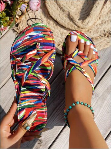 خطوط Gorglitter للسيدات الملونة Thong Flat Flat Rainbow Crisscross Strappy Flop Flops Open Slides 2025 in Saudi Arabia