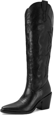 Sovanyou Cowgirl Boots Knee High Cowboy Boots for Women Classic Prow-On Western Boot مدبب بإصبع إصبع القدم الكعب طويل القامة in Kuwait