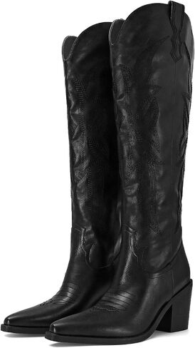 Sovanyou Cowgirl Boots Knee High Cowboy Boots for Women Classic Prow-On Western Boot مدبب بإصبع إصبع القدم الكعب طويل القامة in Kuwait