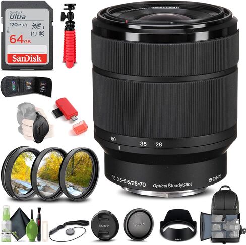 Sony FE 28-70mm f/3.5-5.6 OSS Lens (SEL2870) for Most a7-Series Cameras, Filter Kit, Backpack, 64GB Card, Card Reader, Flex Tripod, Memory Wallet, Cap Keeper, Cleaning Kit, Hand Strap, +More in Saudi Arabia