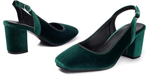 Women's Slingback Chunky Heels 1950s Closed Toe Mary Jane Pumps Shoes Black Green Velvet Buckle Strap Wide Platform Wedding Dress Shoes in Kuwait