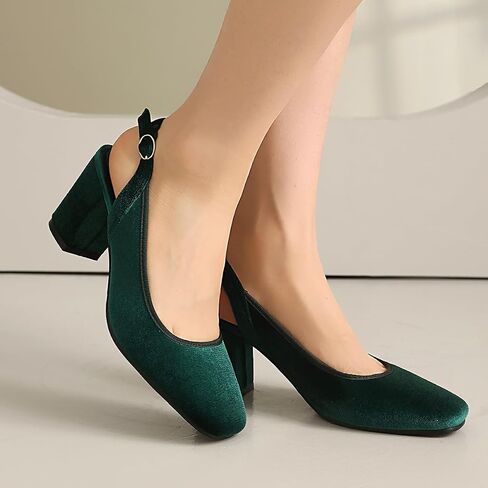 Women's Slingback Chunky Heels 1950s Closed Toe Mary Jane Pumps Shoes Black Green Velvet Buckle Strap Wide Platform Wedding Dress Shoes in Kuwait