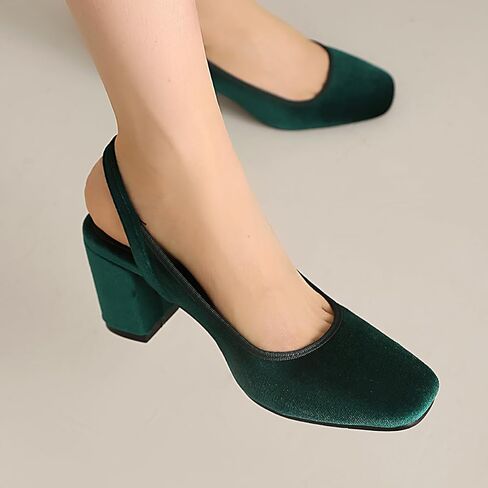 Women's Slingback Chunky Heels 1950s Closed Toe Mary Jane Pumps Shoes Black Green Velvet Buckle Strap Wide Platform Wedding Dress Shoes in Kuwait