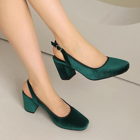 Women's Slingback Chunky Heels 1950s Closed Toe Mary Jane Pumps Shoes Black Green Velvet Buckle Strap Wide Platform Wedding Dress Shoes in Kuwait