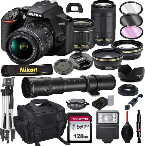 Nikon D3500 DSLR Camera with 18-55mm VR and 70-300mm Lens Bundle with 420-800mm Preset f/8 Telephoto Lens + 128GB Card, Tripod, Flash, and More (23pc Bundle) (Renewed) in Saudi Arabia