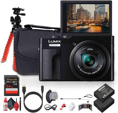 Panasonic TZ99 / ZS99 Point and Shoot Compact Travel Digital Camera (Silver) (DC-TZ99E-S) + 64GB Memory Card + DMW-BLG10 Battery + Camera Bag + Flexible Tripod + USB-C Cable + Cleaning Kit + More in Saudi Arabia