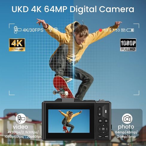 كاميرا رقمية Soppy 4K مع نقل WiFi ، وكاميرا Vlogging التلقائية 64 ميجابكسل لتوسيع تلقائي لـ Youtube ، و Zoom رقمي 18x ، وشاشة 3 180 درجة مع بطاقة SD ، وهدايا الكاميرا المدمجة للفتيات الفتيات ، والأبيض. in Kuwait