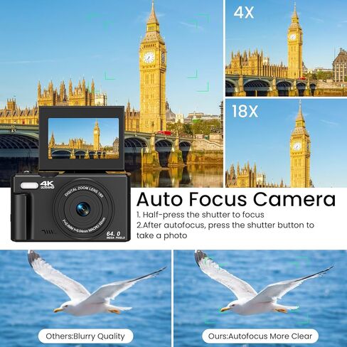 كاميرا رقمية Soppy 4K مع نقل WiFi ، وكاميرا Vlogging التلقائية 64 ميجابكسل لتوسيع تلقائي لـ Youtube ، و Zoom رقمي 18x ، وشاشة 3 180 درجة مع بطاقة SD ، وهدايا الكاميرا المدمجة للفتيات الفتيات ، والأبيض. in Kuwait