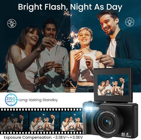 كاميرا رقمية Soppy 4K مع نقل WiFi ، وكاميرا Vlogging التلقائية 64 ميجابكسل لتوسيع تلقائي لـ Youtube ، و Zoom رقمي 18x ، وشاشة 3 180 درجة مع بطاقة SD ، وهدايا الكاميرا المدمجة للفتيات الفتيات ، والأبيض. in Kuwait