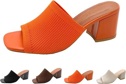 Women's Knit Peep Toe Chunky Heeled Sandals Fashion Square Open Toe Slip On Block Heel Mules Summer Casual Breathable Slides Sandal in Kuwait