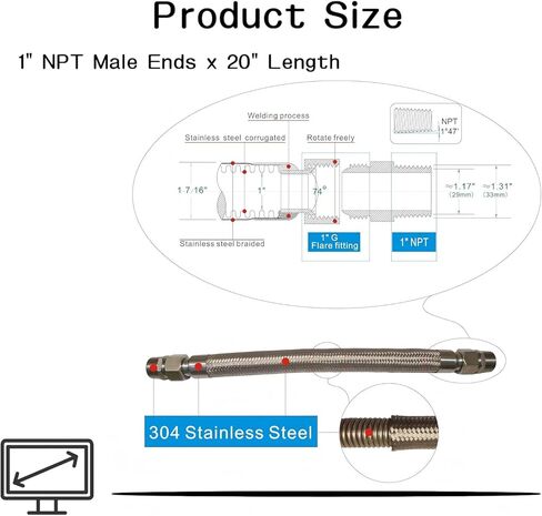 1 "خرطوم ضاغط من الفولاذ المقاوم للصدأ - 1" NPT الذكور النهايات × 20 "طويلة | 750 ° F و 450 PSI مصنفة | تركيبات دوارة مزدوجة | خط نقل الهواء المعدني المرن in Kuwait