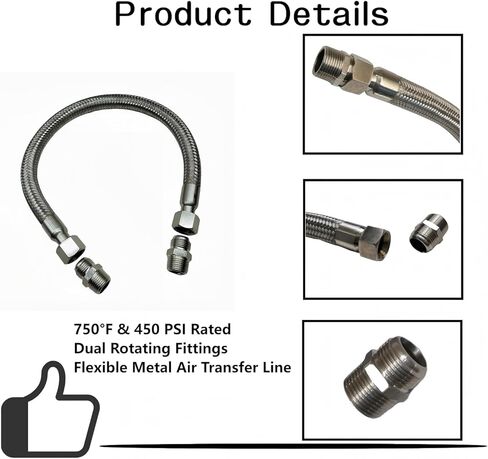 1 "خرطوم ضاغط من الفولاذ المقاوم للصدأ - 1" NPT الذكور النهايات × 20 "طويلة | 750 ° F و 450 PSI مصنفة | تركيبات دوارة مزدوجة | خط نقل الهواء المعدني المرن in Kuwait