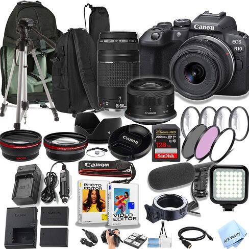 Canon EOS R10 24.2MP APS-C CMOS CMOS بدون مرآة مع 18-45 ملم و 75-300 مم قنينة + حقيبة الظهر حبال + 128GB بطاقة الذاكرة + ضوء الفيديو + ميكروفون + المزيد (حزمة الفيديو الاحترافية) (متجددة) in Saudi Arabia
