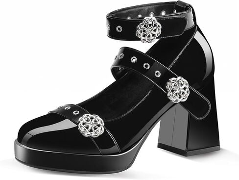 منصة نساء مكتنزة ماري جين الكعب مع الخطاف والحلقة المغلقة على براءات الاختراع الجلدية القوط in Kuwait