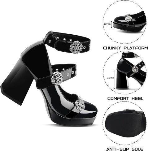 منصة نساء مكتنزة ماري جين الكعب مع الخطاف والحلقة المغلقة على براءات الاختراع الجلدية القوط in Kuwait