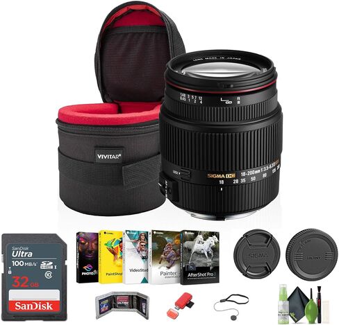Sigma 18-200mm F3.5-6.3 II DC OS HSM Lens لكاميرا Sony SLR + 4.5 بوصة CASE + 32GB بطاقة الذاكرة + قارئ بطاقة USB ، SD/MICROSD + المزيد in Kuwait