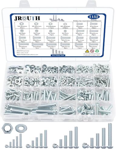 1200PCS Machine Screw Assortment Kit, JROUTH Phillips Pan Head #4-40#6-32#8-32#10-24 Assorted Nuts Bolts and Flat Washers Set, 304 Stainless Steel Hardware Assortment with Storage Case in Kuwait
