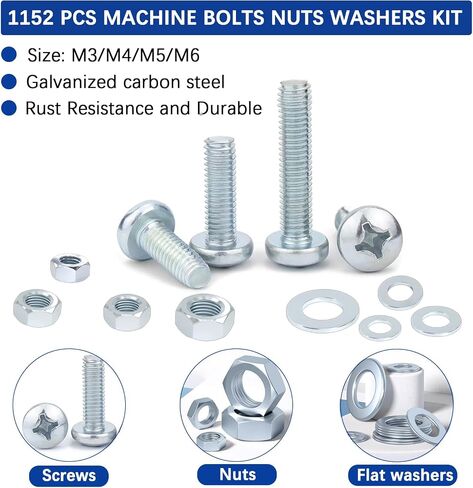 1200PCS Machine Screw Assortment Kit, JROUTH Phillips Pan Head #4-40#6-32#8-32#10-24 Assorted Nuts Bolts and Flat Washers Set, 304 Stainless Steel Hardware Assortment with Storage Case in Kuwait