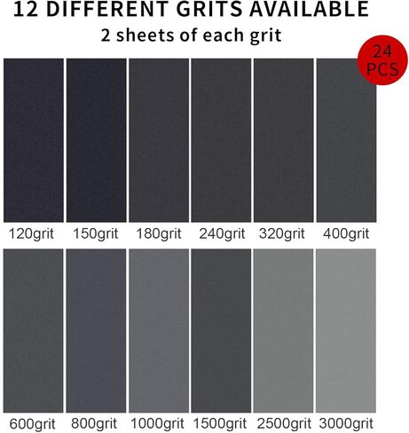 24PCS Variety Pack Sandpaper Sand Paper, 12 Grits Assorted for Wood Metal Sanding, Wet Dry Sandpaper 120/150/180/240/320/400/600/800/1000/1500/2500/3000 Grit in Saudi Arabia