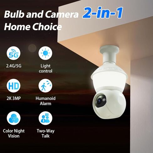 Light Bulb Security Cameras Outdoor, 5G& 2.4G WiFi Security Camera,Lightbulb Camera for Home Security Outside Indoor,360°PTZ,Two-Way Talk,Color Night Vision,Human Motion Detection in Saudi Arabia