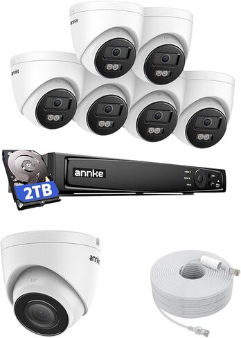 Annke 4K Poe Security Camera System ، 12mp H.265+ 8ch NVR مع 2TB للمراقبة HDD ، 6pcs 8mp cams ، رؤية ليلية ملونة مع تسليط الضوء مع 1pcs 3k poe cam ، rtsp ، IP67 مقاومة للمياه. in Kuwait