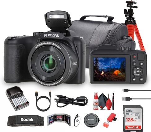 Kodak Pixpro AZ255 Digital Camera in Black (AZ255BK) Bundle بما في ذلك: بطاقة ذاكرة 128 جيجابايت ، بطاريات قابلة للشحن ، علبة ، ترايبود مرنة ، حزام رقبة ، أغطية عدسة ، مجموعة تنظيف كاملة ، مزيد من الملحقات in Saudi Arabia