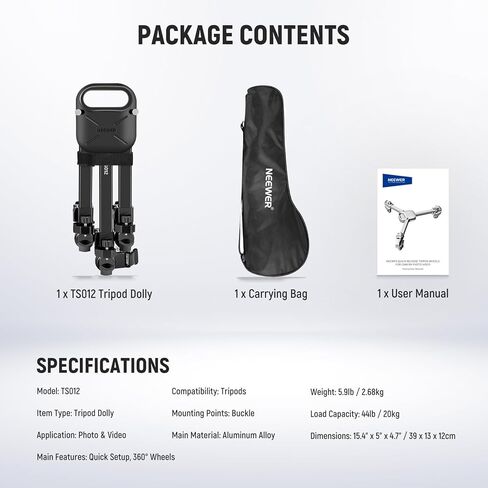 Neewer Photography Tripod Dolly ، كاميرا إطلاق قفل سريعة dolly مع عجلات مطاطية 3 بوصات ، أرجل تلسكوبية ، مقبض وحقيبة ، 44 رطلاً في DSLR Cameras Camborge Photo Recording ، TS012 in Kuwait