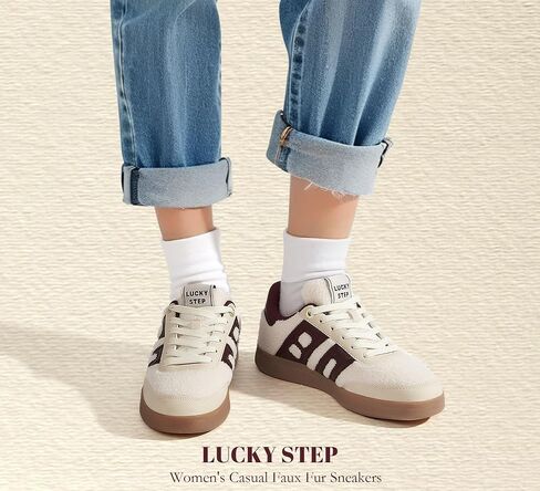 LUCKY STEP Women's Casual Faux Fur Sneakers Plush Retro Gum Sole Fashion Low Top Walking Classic Trendy Skate Tennis Shoes in Saudi Arabia