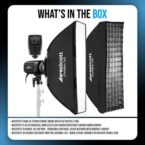 Westcott FJ400-SE Studio Strobe 400Ws (110V) Bundle with Flash Trigger with Multi-Brand Camera Mount, 1x3 Softbox, 40-Degree Egg Crate Grid with Travel Case (4 Items) in Saudi Arabia
