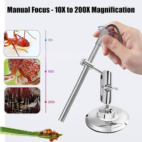 USB Microscope, 10X-200X USB C Digital Microscope, Portable Camera with 8 LED Lights & Multi-Joint Rotating Stand for Coin Collection Jewelers Electronics, Fits iPhone 15 Android Windows in Kuwait