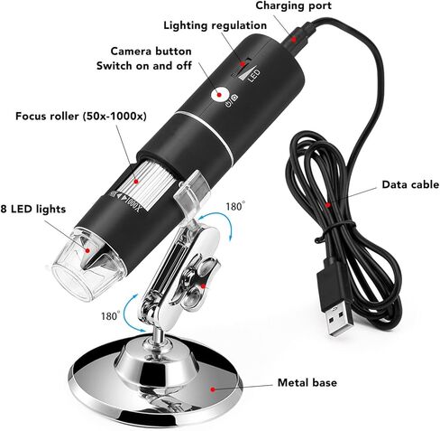 المجهر الرقمي اللاسلكي ، مجهر USB المحمول باليد 1000X التكبير 1080p HD 2MP الكاميرا المجهرية WIFI مع 8 مصابيح LED لنظام Android iOS OS X in Kuwait