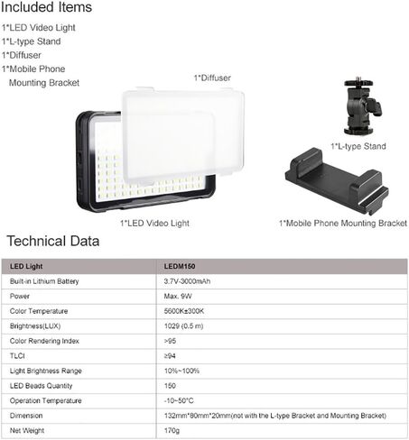 Godox LEDM150 ضوء فيديو الهاتف المحمول ضوء درجة حرارة اللون 5600K ، CRI 95+ TLCI 94+ ، 10 ٪ -100 ٪ تعديل السطوع ، 150 حبات LED ، USB قابلة للشحن ، مع 1/4 "واجهة من النوع L-Type حامل. in Saudi Arabia