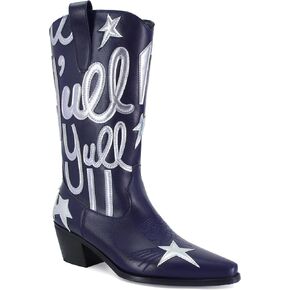 Cowboy Boots for Women Pull On Mid Calf Western Boots Fashion Embroidery Cowgirl Boots Pointed Toe Chunky Heel Boots in Saudi Arabia